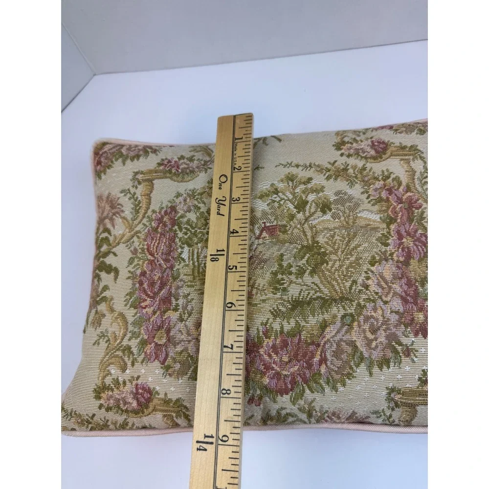 Vintage Floral Tapestry Throw Pillow Pastoral Cottage Scene Pink Roses 11x8.5